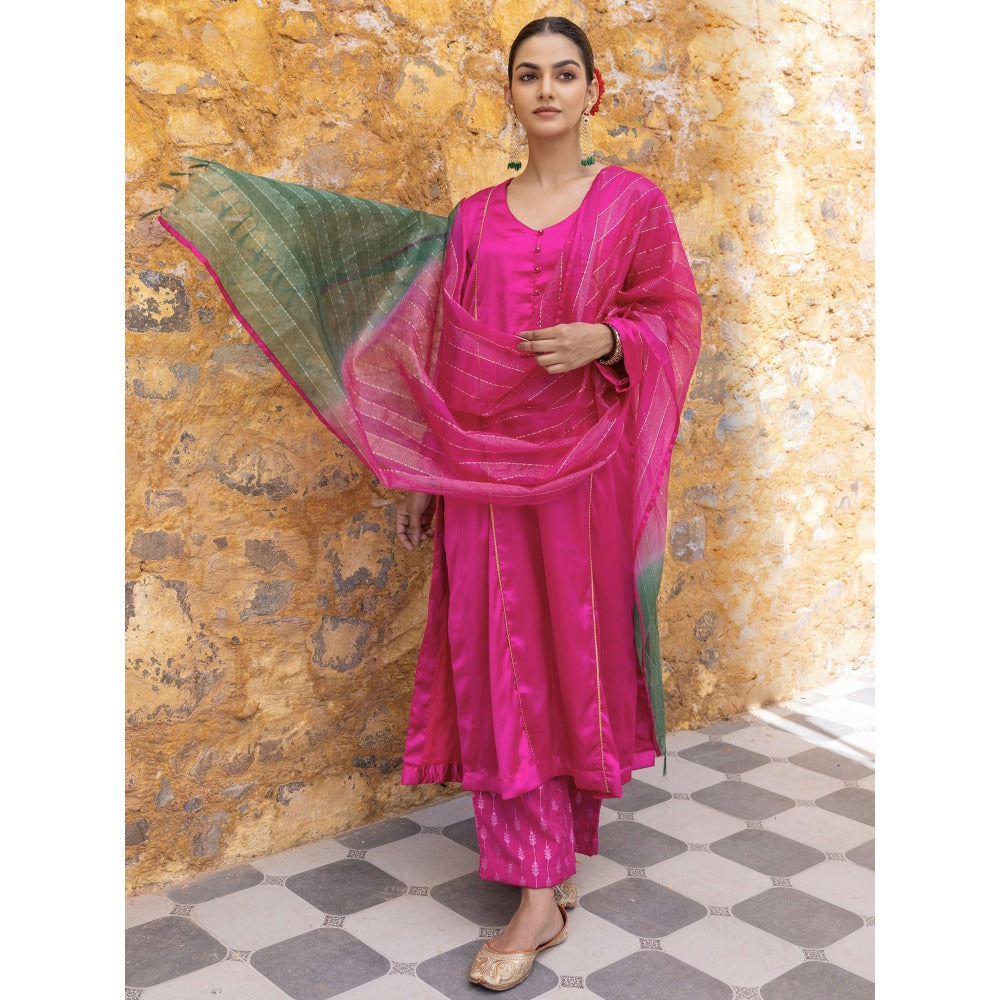 Myaara Fuchsia Pink Embroidered A-Line Kurta with Pant and Dupatta (Set of 3)