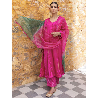 Myaara Fuchsia Pink Embroidered A-Line Kurta with Pant and Dupatta (Set of 3)