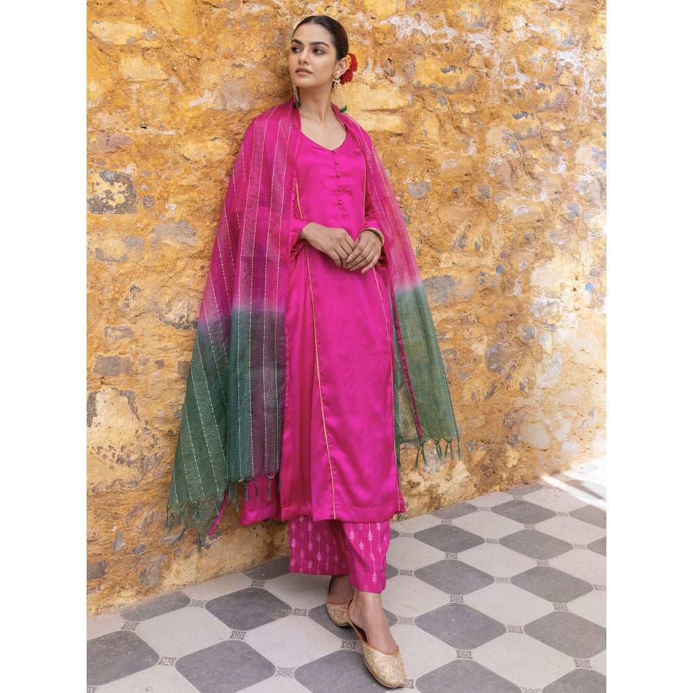 Myaara Fuchsia Pink Embroidered A-Line Kurta with Pant and Dupatta (Set of 3)