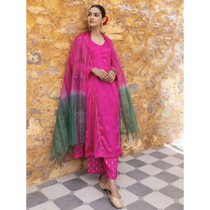 Myaara Fuchsia Pink Embroidered A-Line Kurta with Pant and Dupatta (Set of 3)