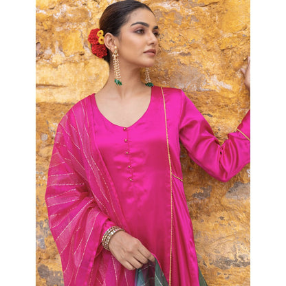 Myaara Fuchsia Pink Embroidered A-Line Kurta with Pant and Dupatta (Set of 3)