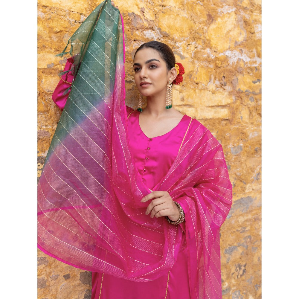 Myaara Fuchsia Pink Embroidered A-Line Kurta with Pant and Dupatta (Set of 3)