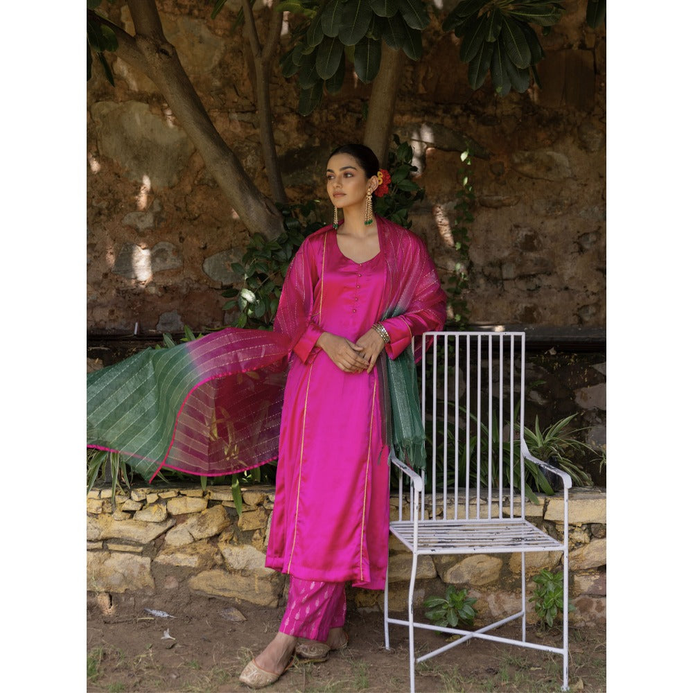 Myaara Fuchsia Pink Embroidered A-Line Kurta with Pant and Dupatta (Set of 3)