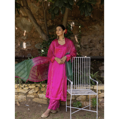 Myaara Fuchsia Pink Embroidered A-Line Kurta with Pant and Dupatta (Set of 3)