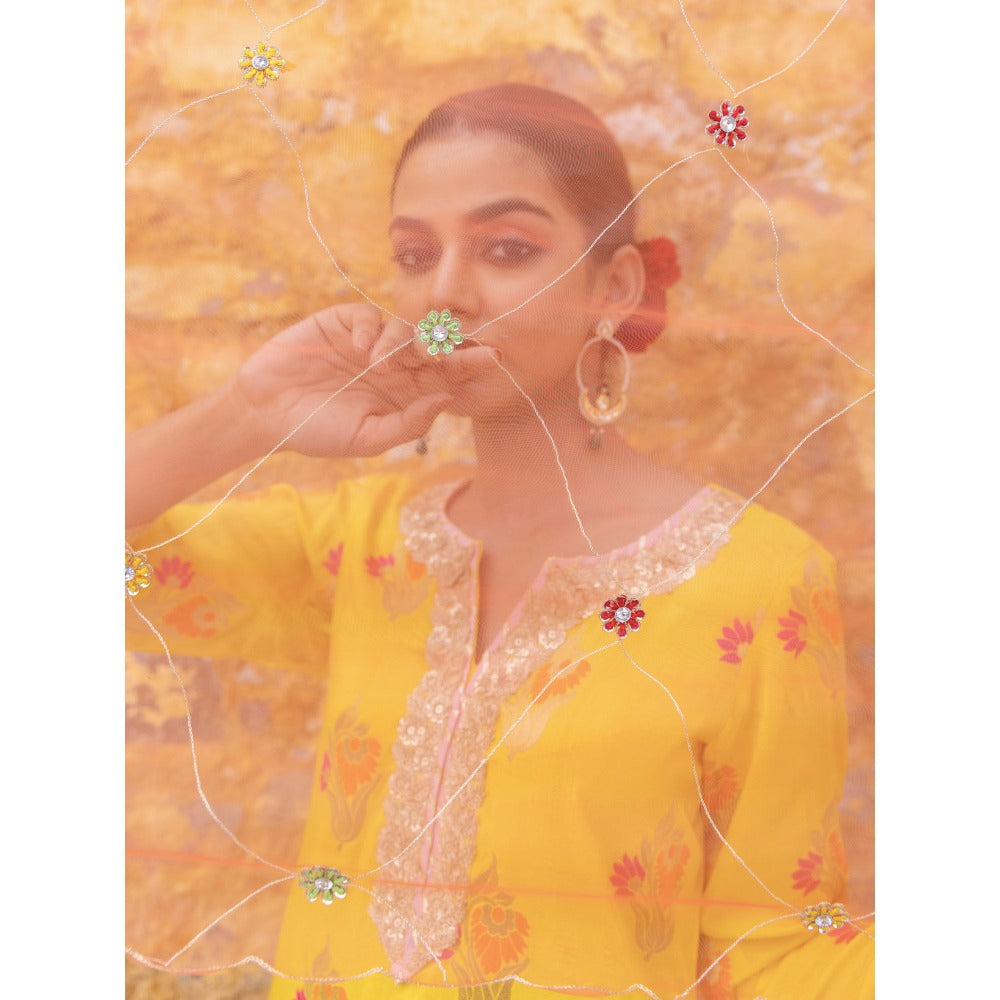 Myaara Yellow Embroidered Ethnic Straight Kurta with Pant and Dupatta (Set of 3)