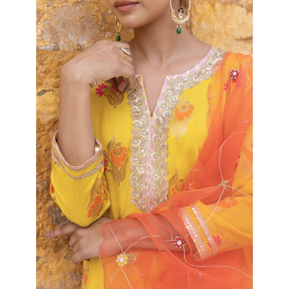 Myaara Yellow Embroidered Ethnic Straight Kurta with Pant and Dupatta (Set of 3)