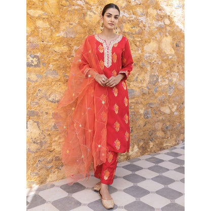 Myaara Red Embroidered Ethnic Straight Kurta with Pant and Dupatta (Set of 3)