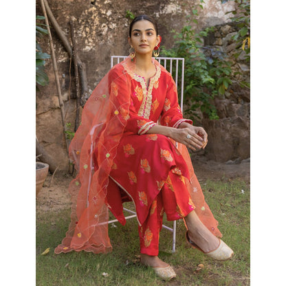 Myaara Red Embroidered Ethnic Straight Kurta with Pant and Dupatta (Set of 3)