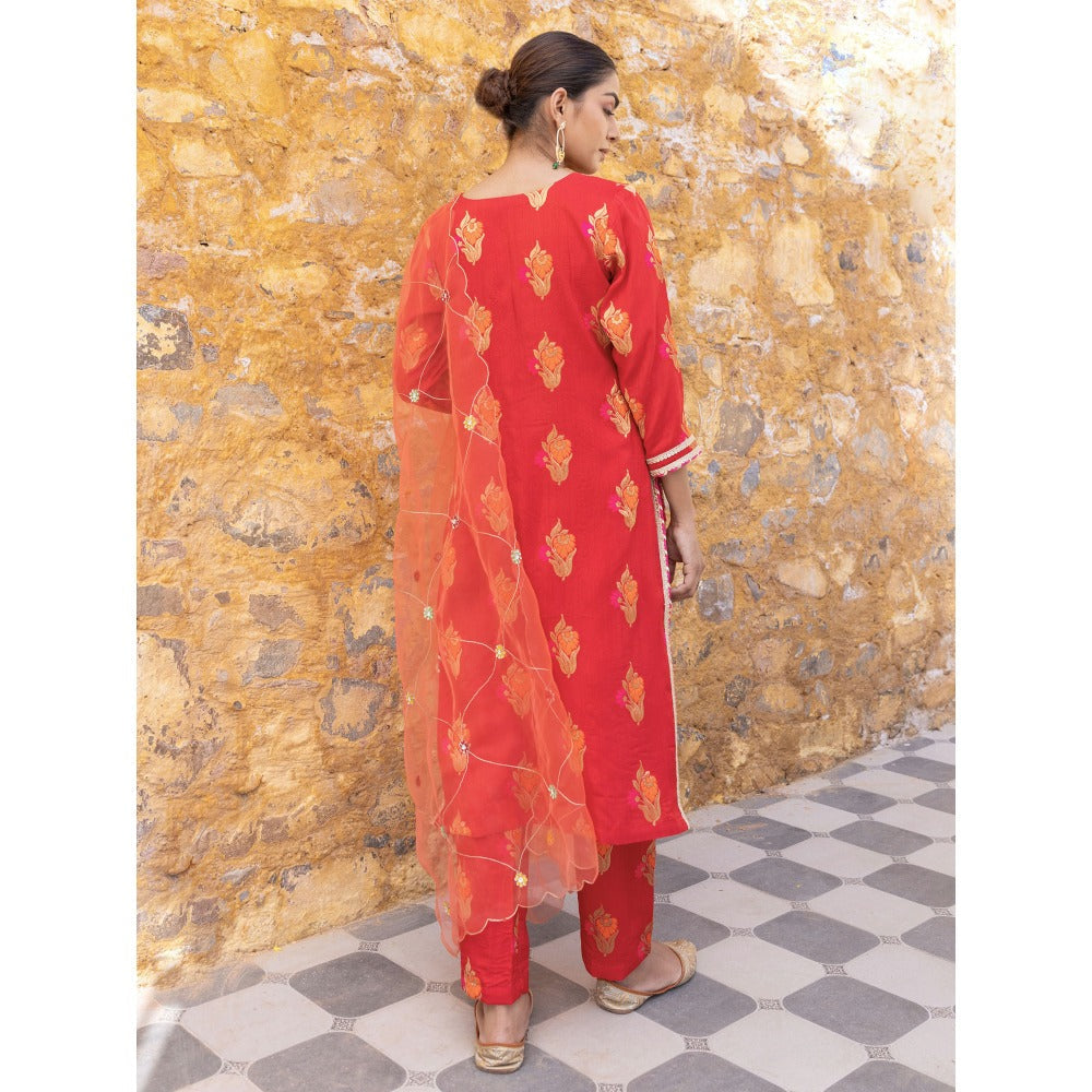 Myaara Red Embroidered Ethnic Straight Kurta with Pant and Dupatta (Set of 3)