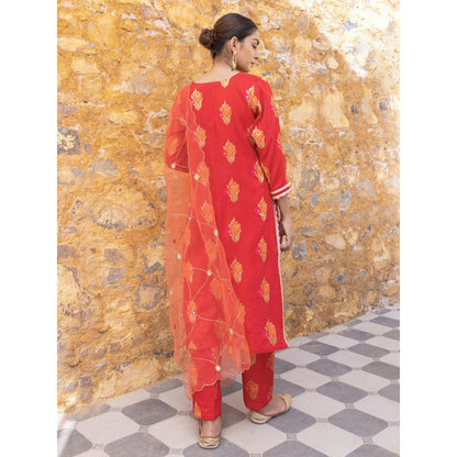 Myaara Red Embroidered Ethnic Straight Kurta with Pant and Dupatta (Set of 3)