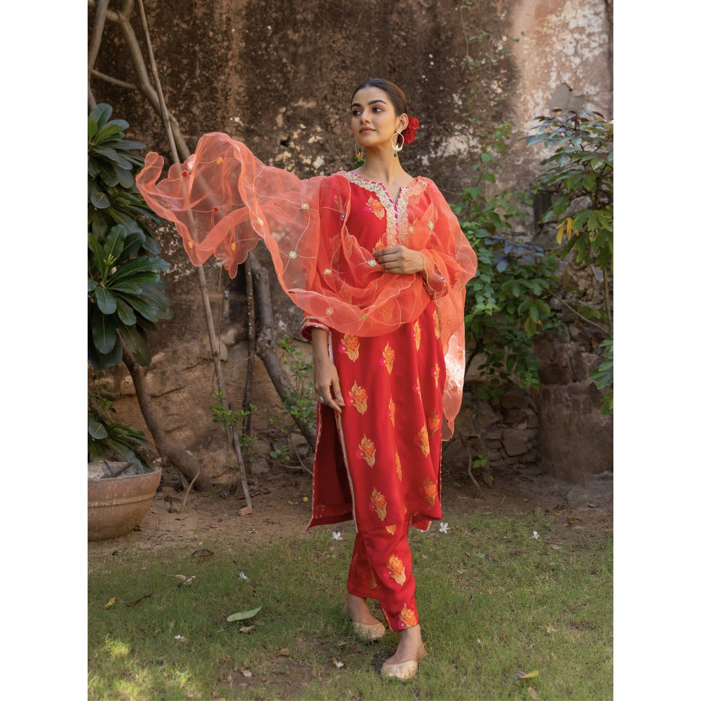 Myaara Red Embroidered Ethnic Straight Kurta with Pant and Dupatta (Set of 3)