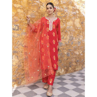 Myaara Red Embroidered Ethnic Straight Kurta with Pant and Dupatta (Set of 3)