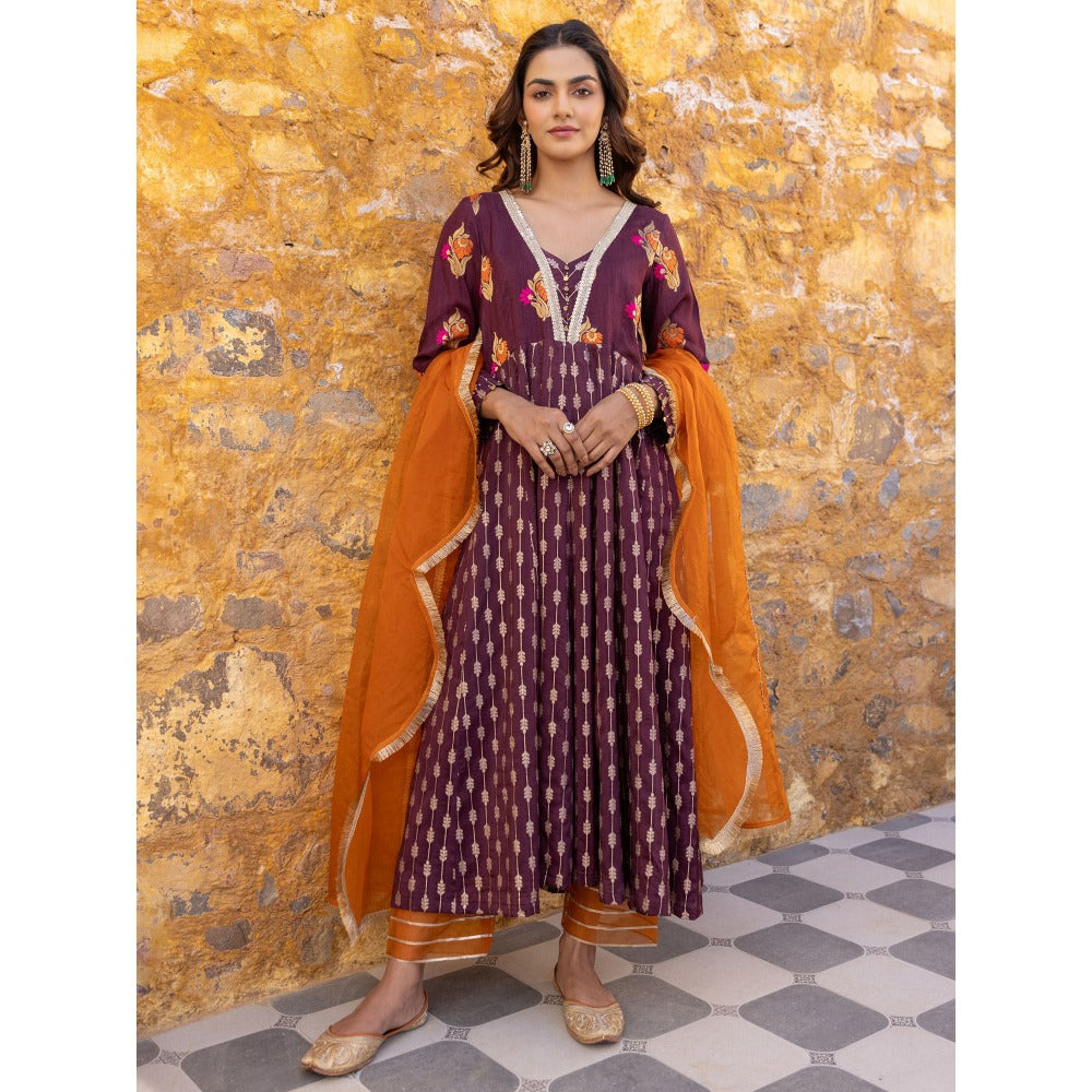 Myaara Brown Embroidered- Gota Anarkali Kurta with Pant and Dupatta (Set of 3)