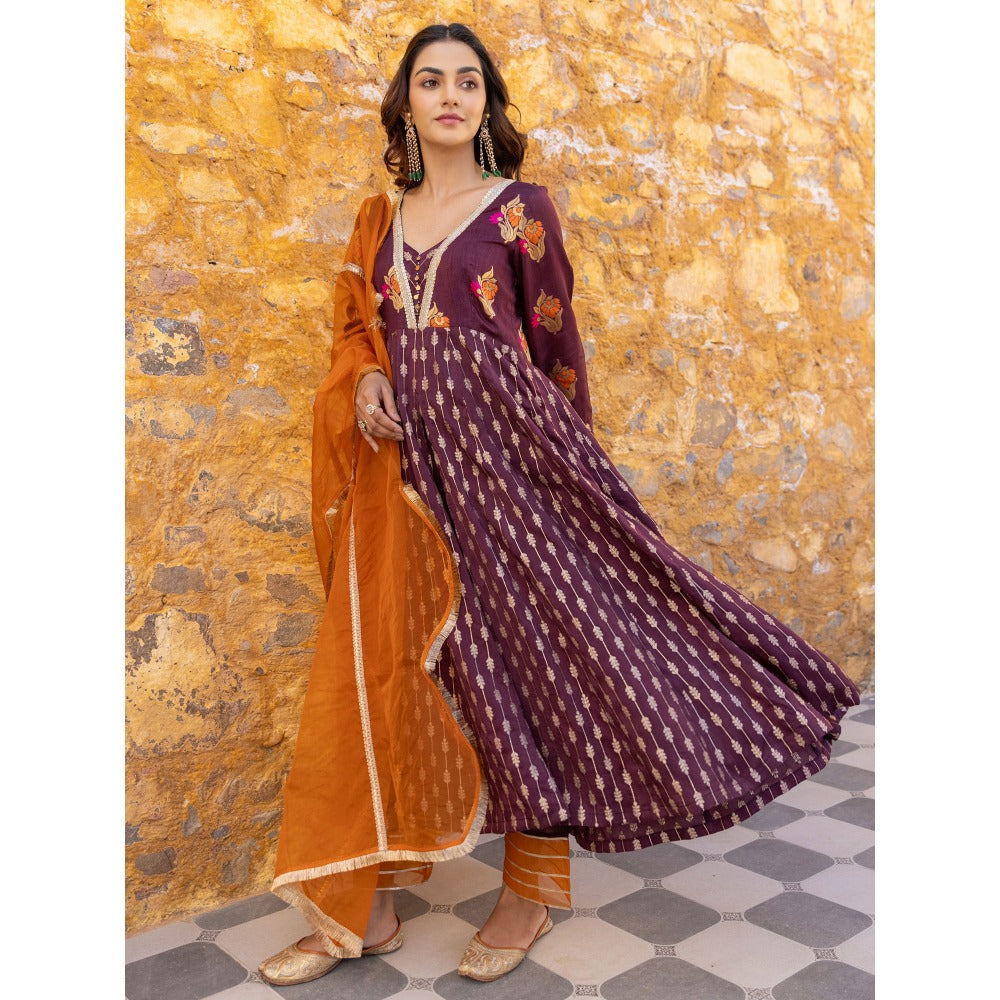 Myaara Brown Embroidered- Gota Anarkali Kurta with Pant and Dupatta (Set of 3)