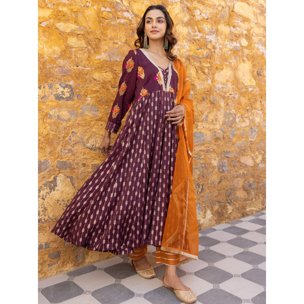 Myaara Brown Embroidered- Gota Anarkali Kurta with Pant and Dupatta (Set of 3)