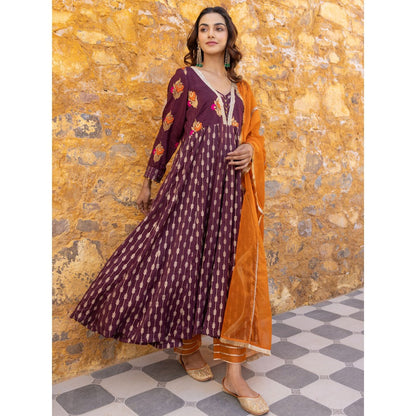 Myaara Brown Embroidered- Gota Anarkali Kurta with Pant and Dupatta (Set of 3)