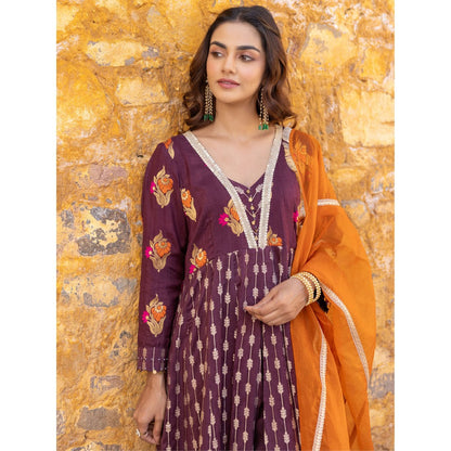 Myaara Brown Embroidered- Gota Anarkali Kurta with Pant and Dupatta (Set of 3)