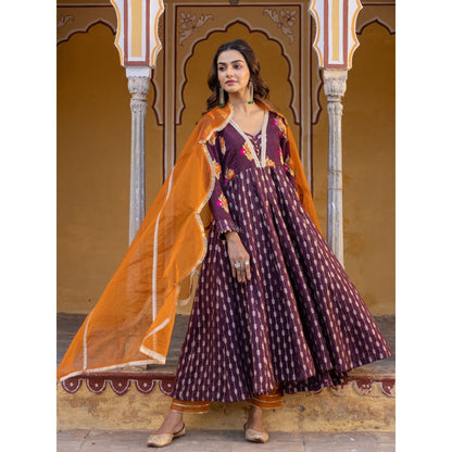 Myaara Brown Embroidered- Gota Anarkali Kurta with Pant and Dupatta (Set of 3)