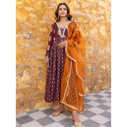 Myaara Brown Embroidered- Gota Anarkali Kurta with Pant and Dupatta (Set of 3)