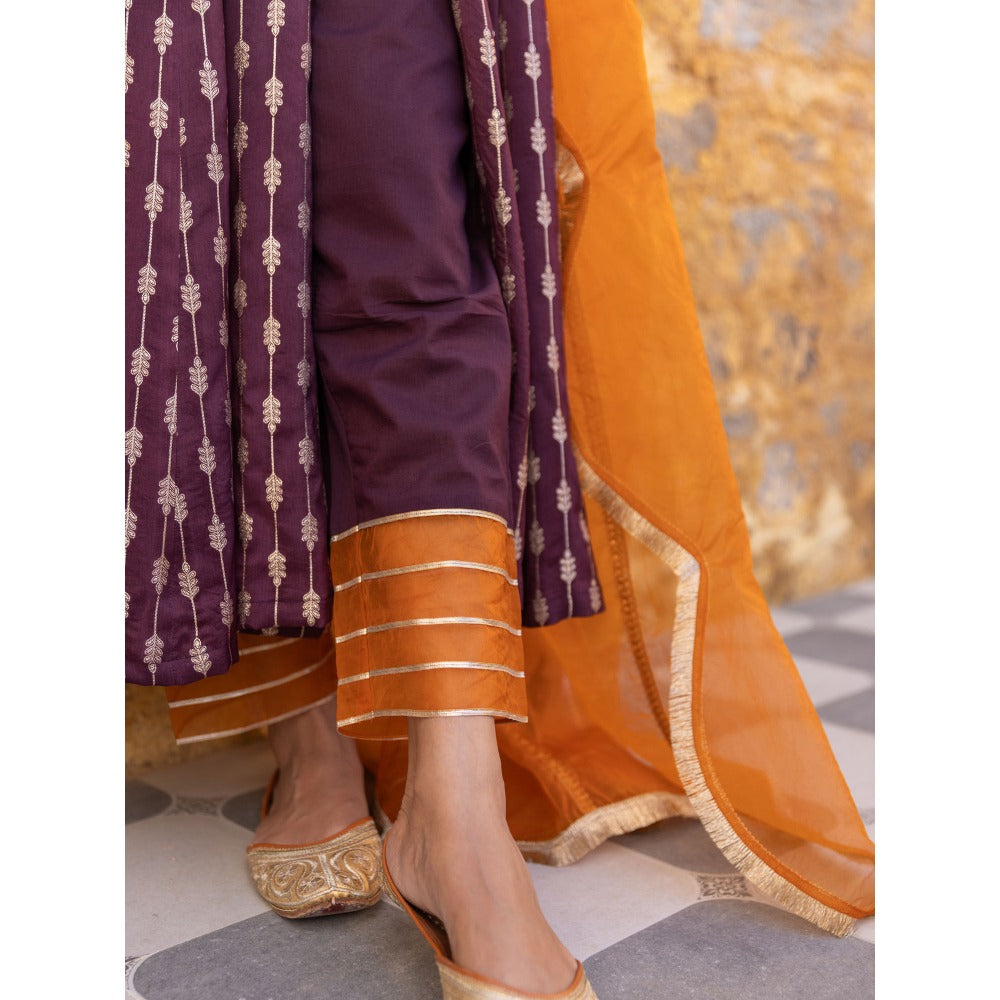 Myaara Brown Embroidered- Gota Anarkali Kurta with Pant and Dupatta (Set of 3)