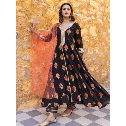 Myaara Black Embroidered Flared Anarkali Kurta with Pant and Dupatta (Set of 3)