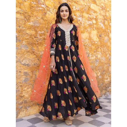 Myaara Black Embroidered Flared Anarkali Kurta with Pant and Dupatta (Set of 3)