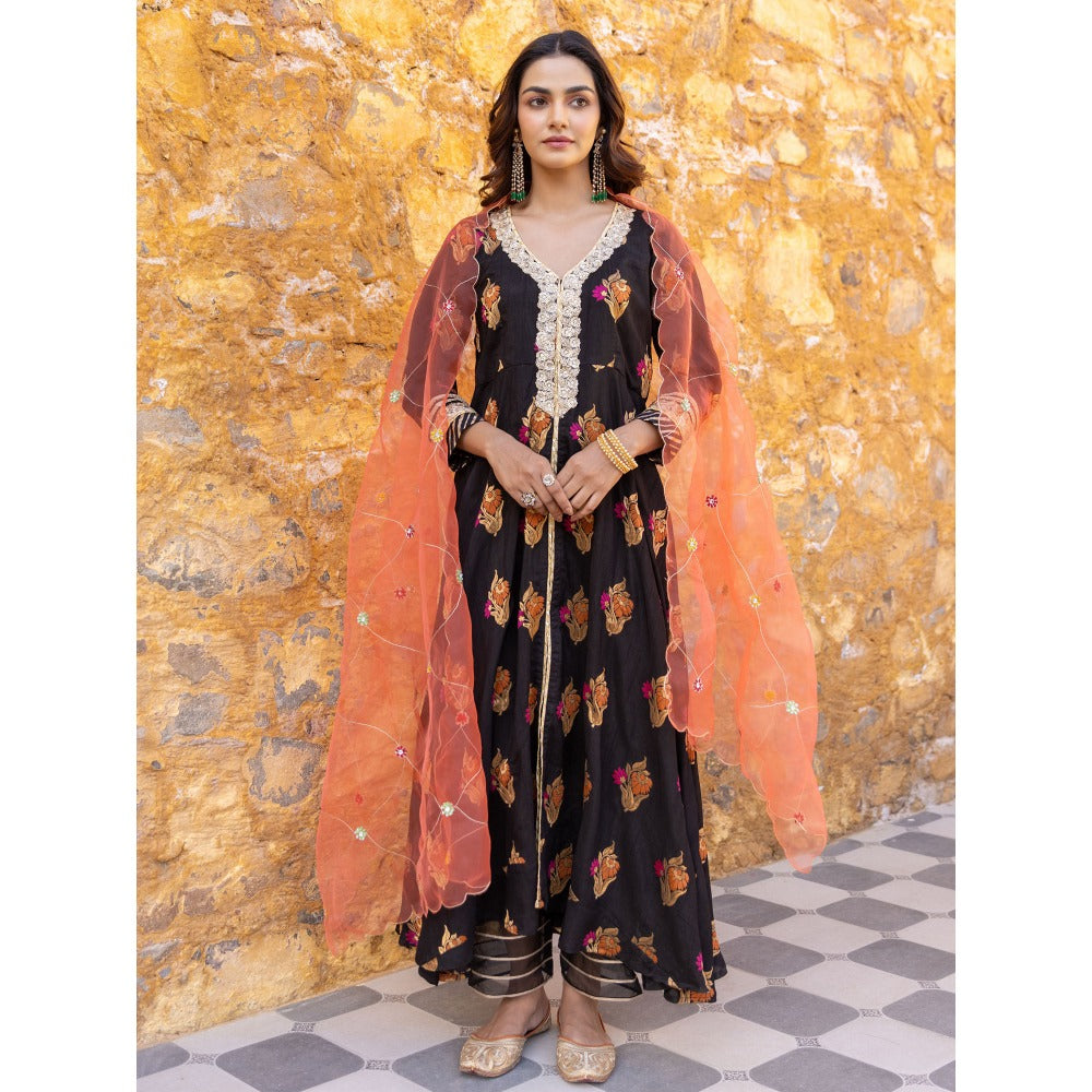Myaara Black Embroidered Flared Anarkali Kurta with Pant and Dupatta (Set of 3)
