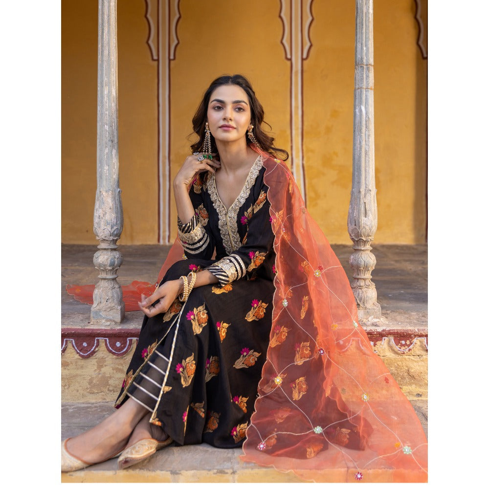Myaara Black Embroidered Flared Anarkali Kurta with Pant and Dupatta (Set of 3)