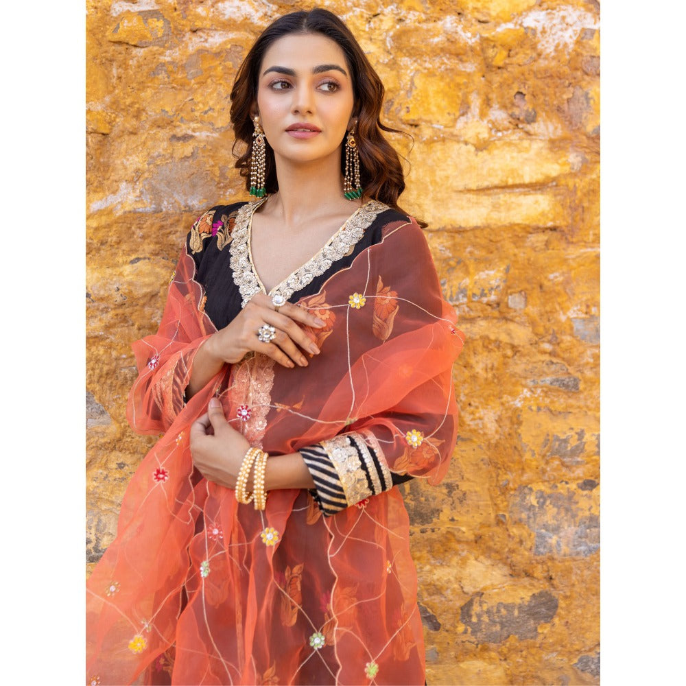 Myaara Black Embroidered Flared Anarkali Kurta with Pant and Dupatta (Set of 3)