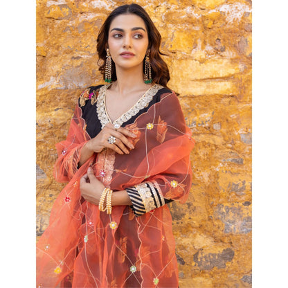 Myaara Black Embroidered Flared Anarkali Kurta with Pant and Dupatta (Set of 3)