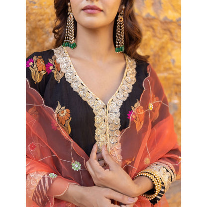 Myaara Black Embroidered Flared Anarkali Kurta with Pant and Dupatta (Set of 3)