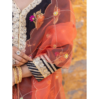 Myaara Black Embroidered Flared Anarkali Kurta with Pant and Dupatta (Set of 3)