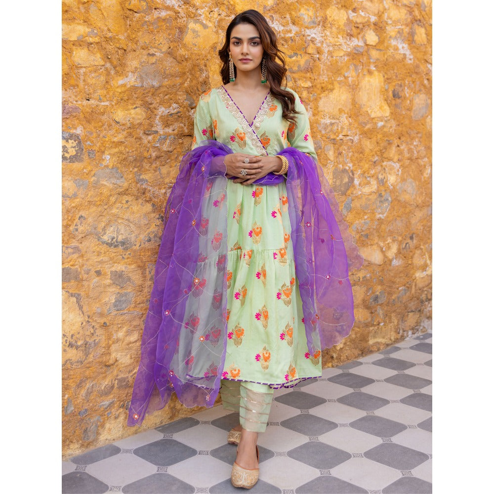 Myaara Mint Green Embroidered Anarkali Kurta Set with Pant and Dupatta (Set of 3)