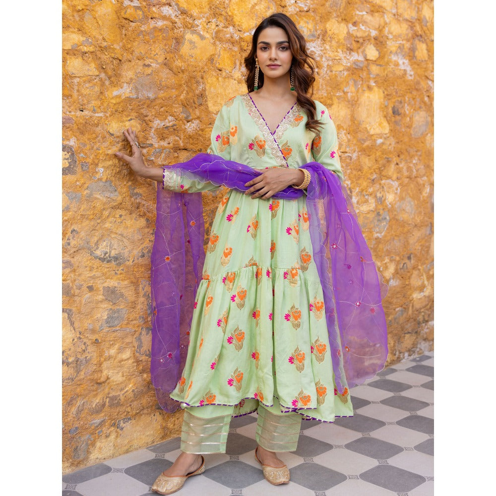 Myaara Mint Green Embroidered Anarkali Kurta Set with Pant and Dupatta (Set of 3)