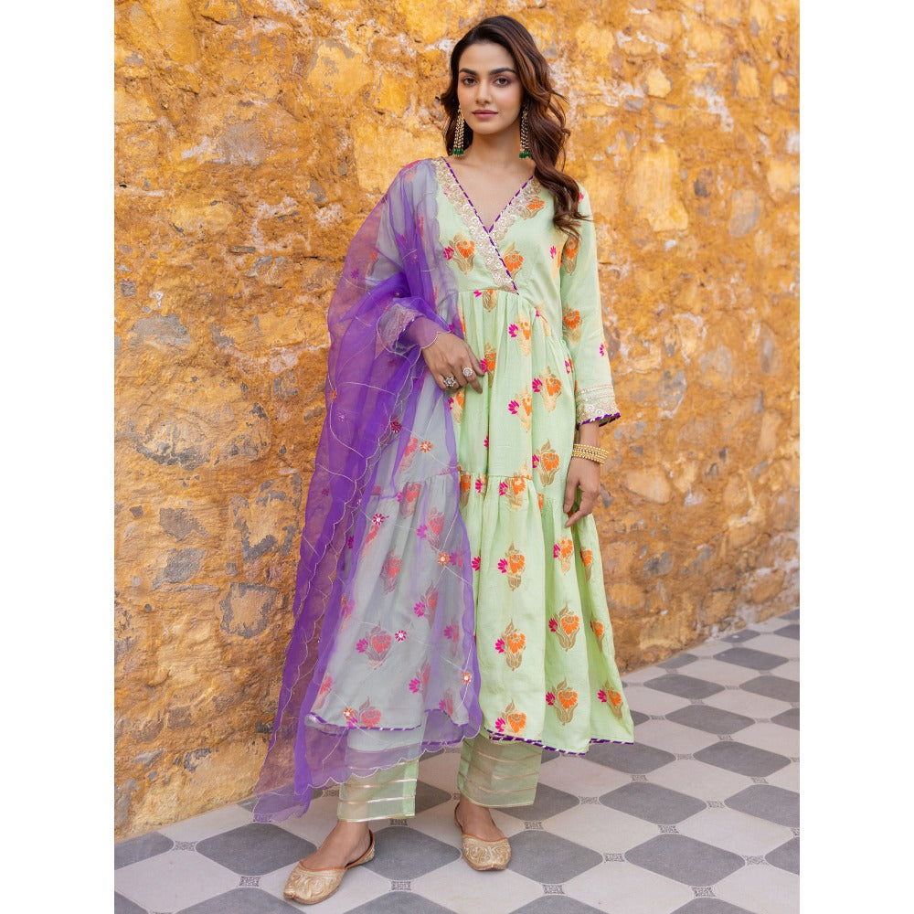 Myaara Mint Green Embroidered Anarkali Kurta Set with Pant and Dupatta (Set of 3)