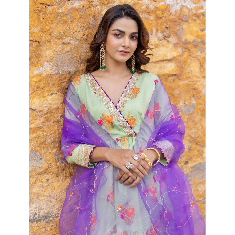 Myaara Mint Green Embroidered Anarkali Kurta Set with Pant and Dupatta (Set of 3)