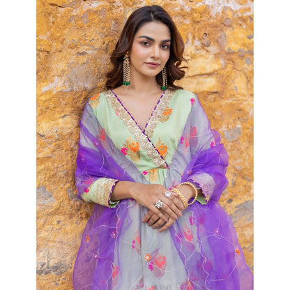 Myaara Mint Green Embroidered Anarkali Kurta Set with Pant and Dupatta (Set of 3)