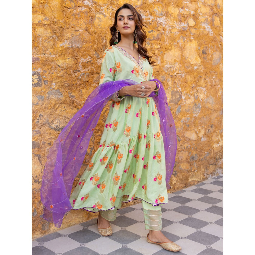 Myaara Mint Green Embroidered Anarkali Kurta Set with Pant and Dupatta (Set of 3)