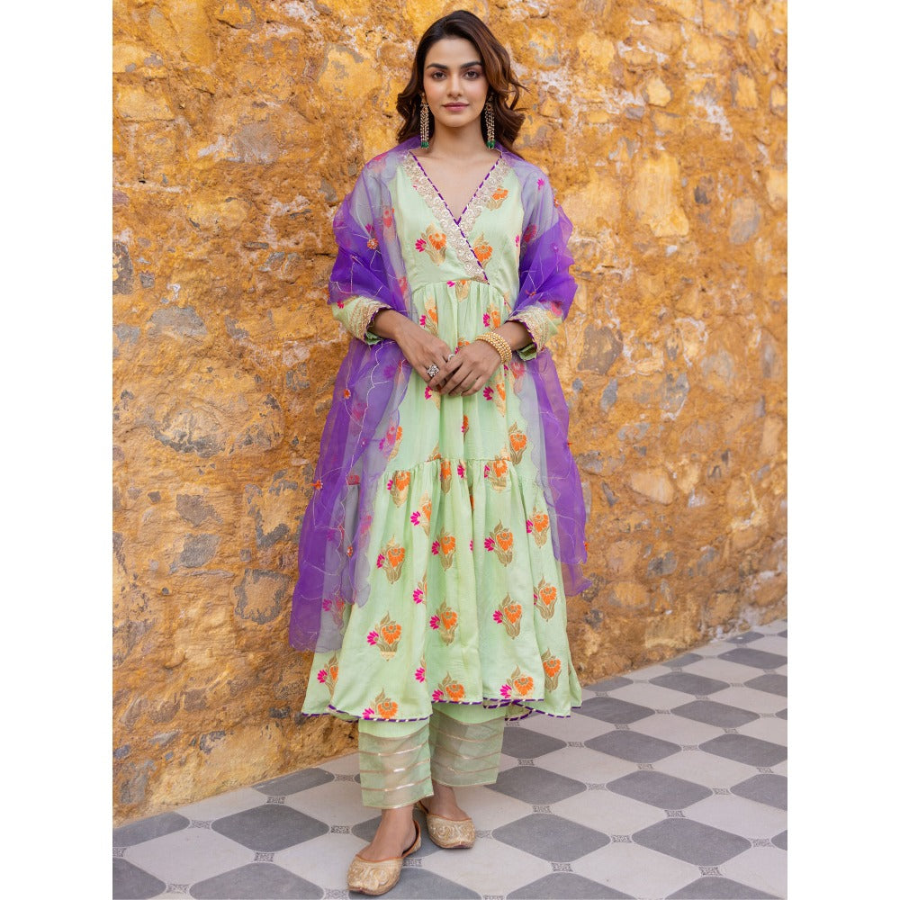 Myaara Mint Green Embroidered Anarkali Kurta Set with Pant and Dupatta (Set of 3)