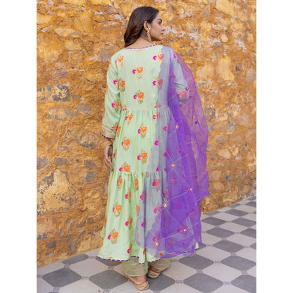 Myaara Mint Green Embroidered Anarkali Kurta Set with Pant and Dupatta (Set of 3)