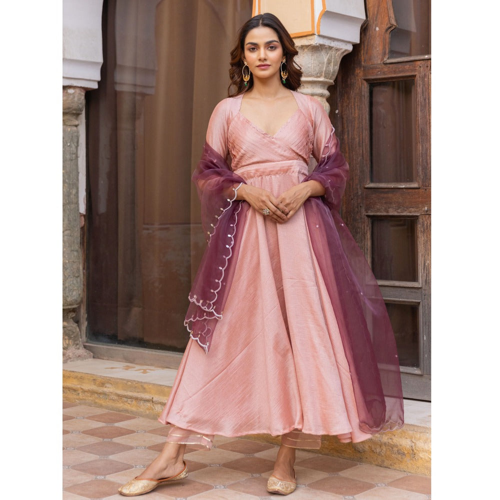 Myaara Peach Pleated Sequined Anarkali Kurta with Pant and Dupatta (Set of 3)