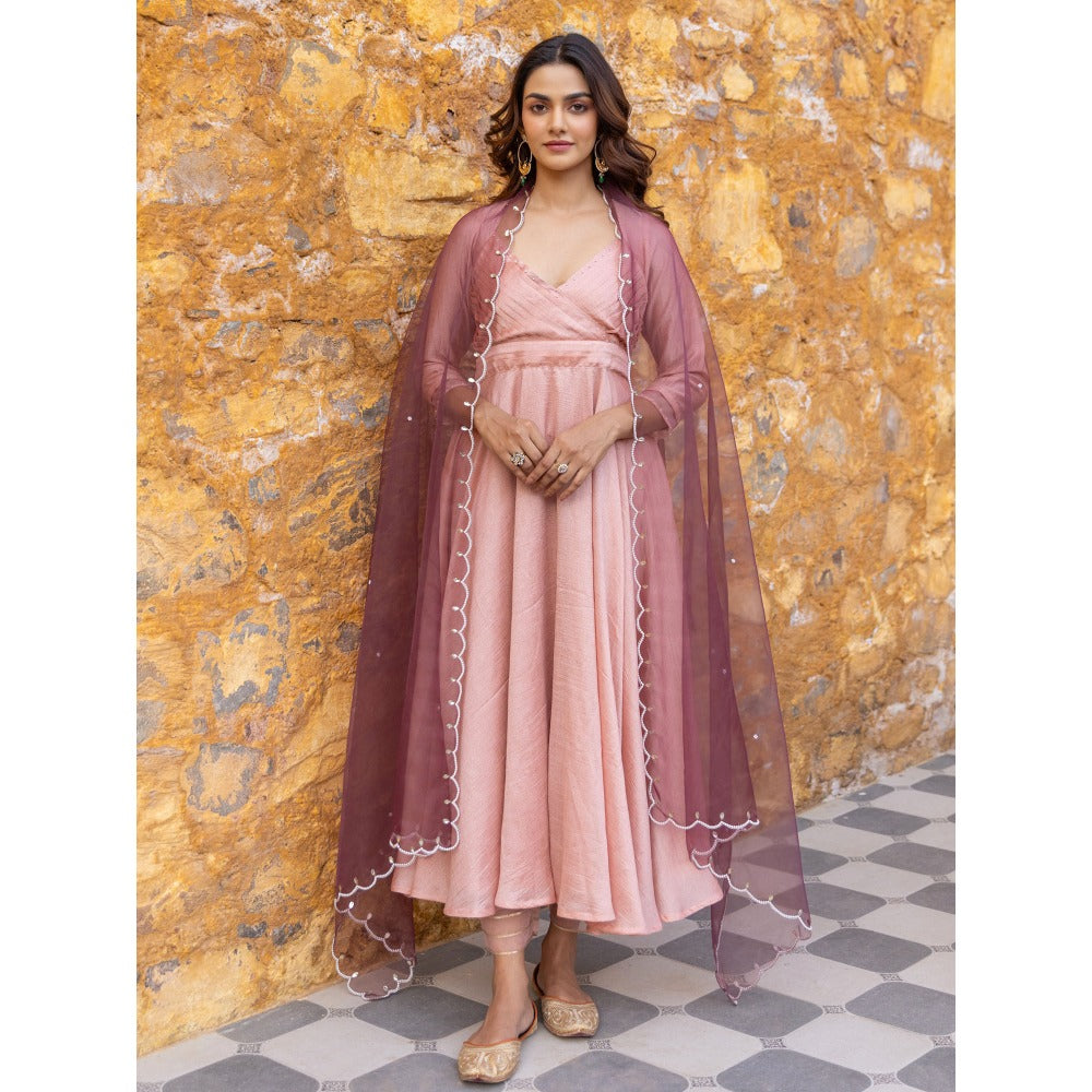 Myaara Peach Pleated Sequined Anarkali Kurta with Pant and Dupatta (Set of 3)