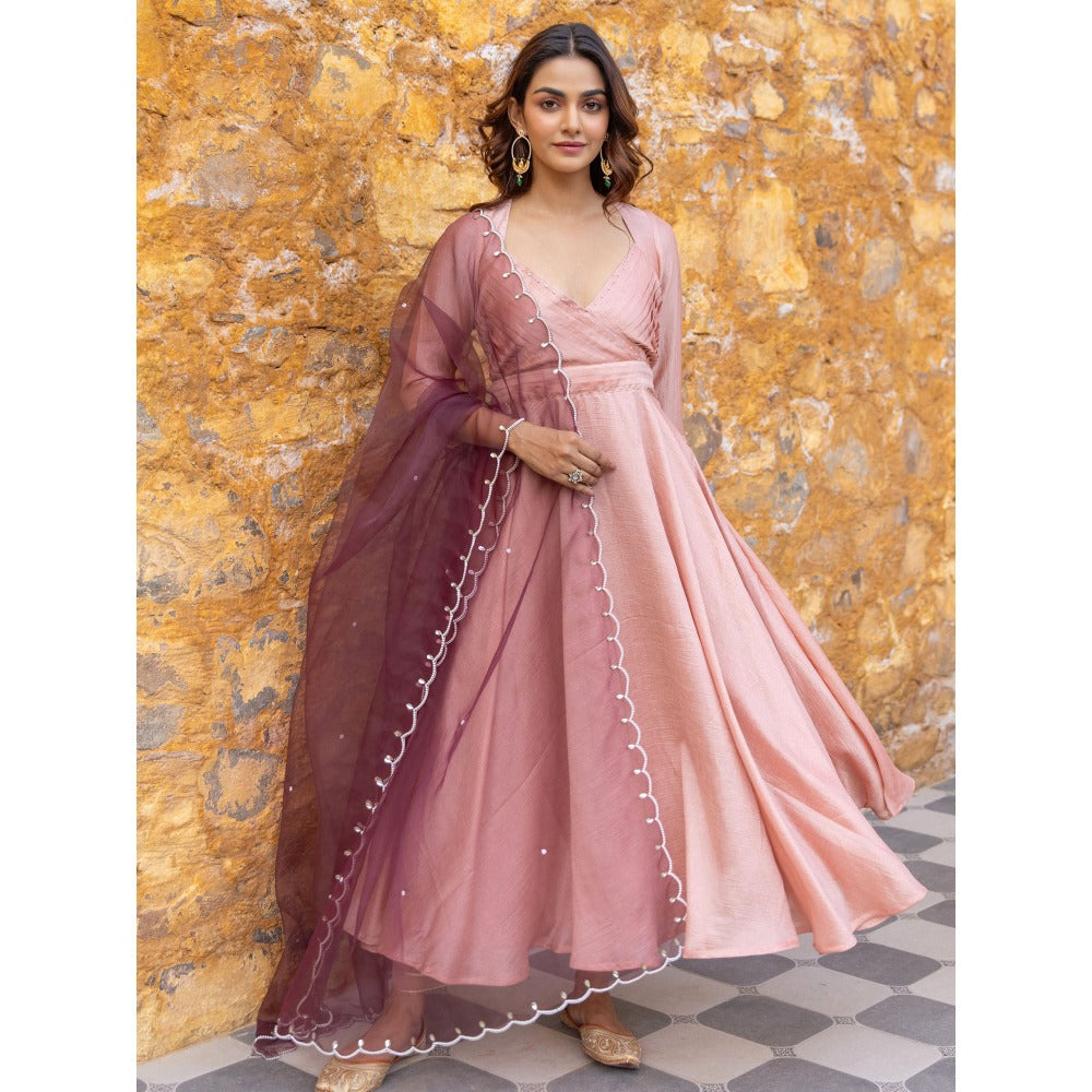 Myaara Peach Pleated Sequined Anarkali Kurta with Pant and Dupatta (Set of 3)