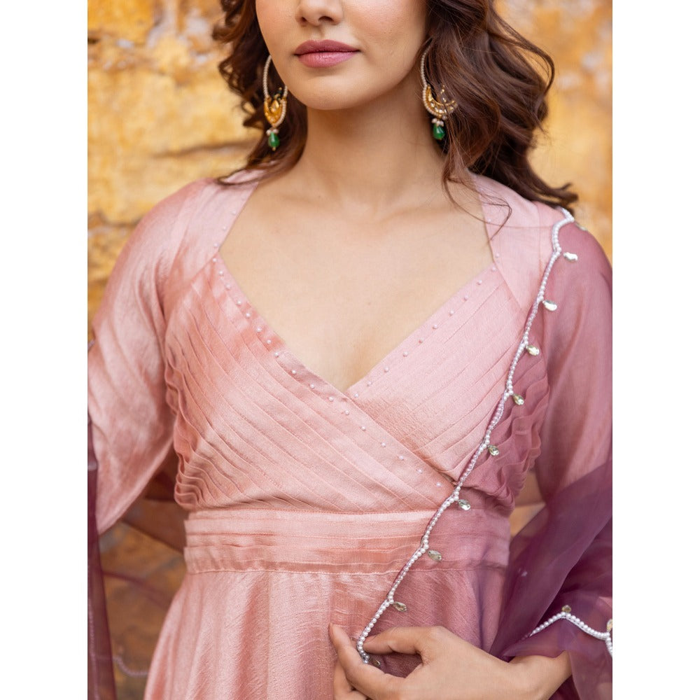 Myaara Peach Pleated Sequined Anarkali Kurta with Pant and Dupatta (Set of 3)