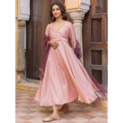 Myaara Peach Pleated Sequined Anarkali Kurta with Pant and Dupatta (Set of 3)