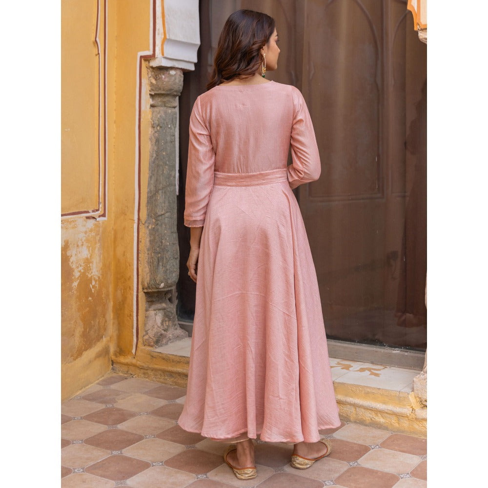 Myaara Peach Pleated Sequined Anarkali Kurta with Pant and Dupatta (Set of 3)