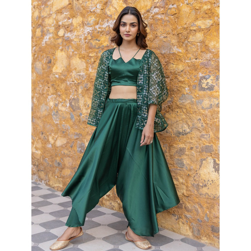 Myaara Green Satin Crop Top with Embellished Organza Cape & Palazzo (Set of 3)