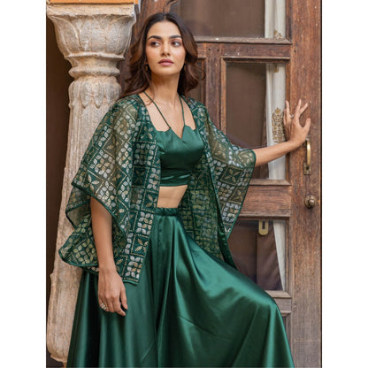 Myaara Green Satin Crop Top with Embellished Organza Cape & Palazzo (Set of 3)