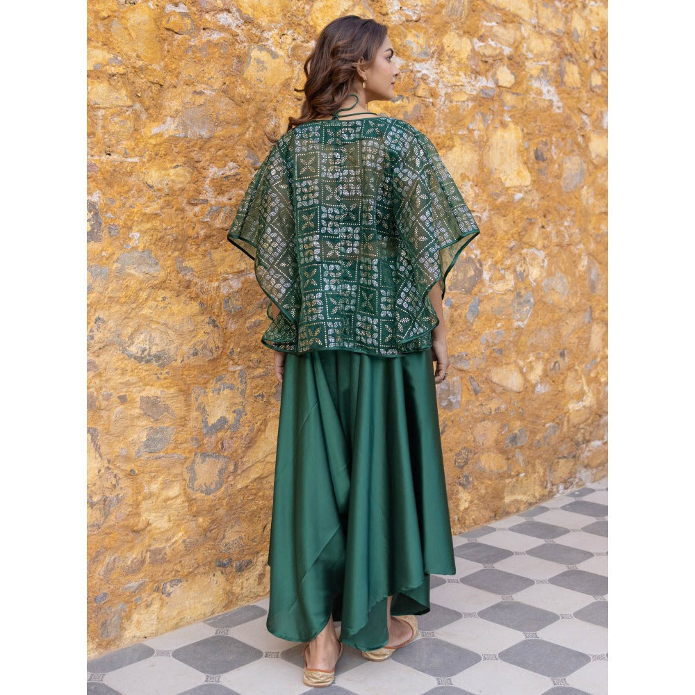 Myaara Green Satin Crop Top with Embellished Organza Cape & Palazzo (Set of 3)