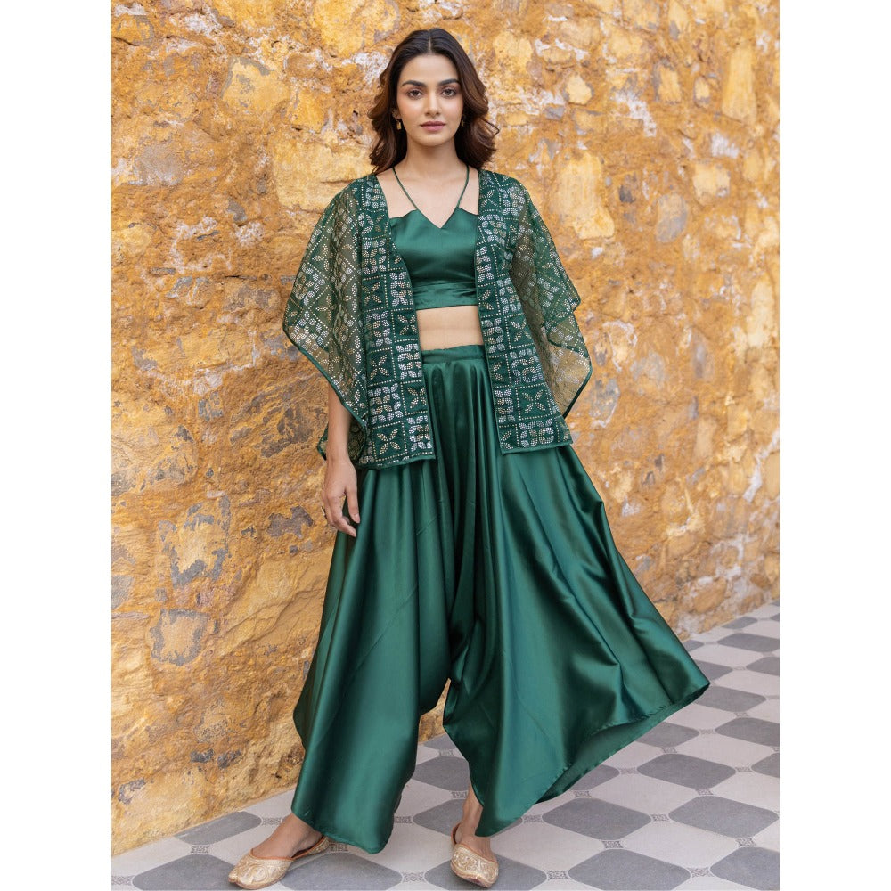 Myaara Green Satin Crop Top with Embellished Organza Cape & Palazzo (Set of 3)